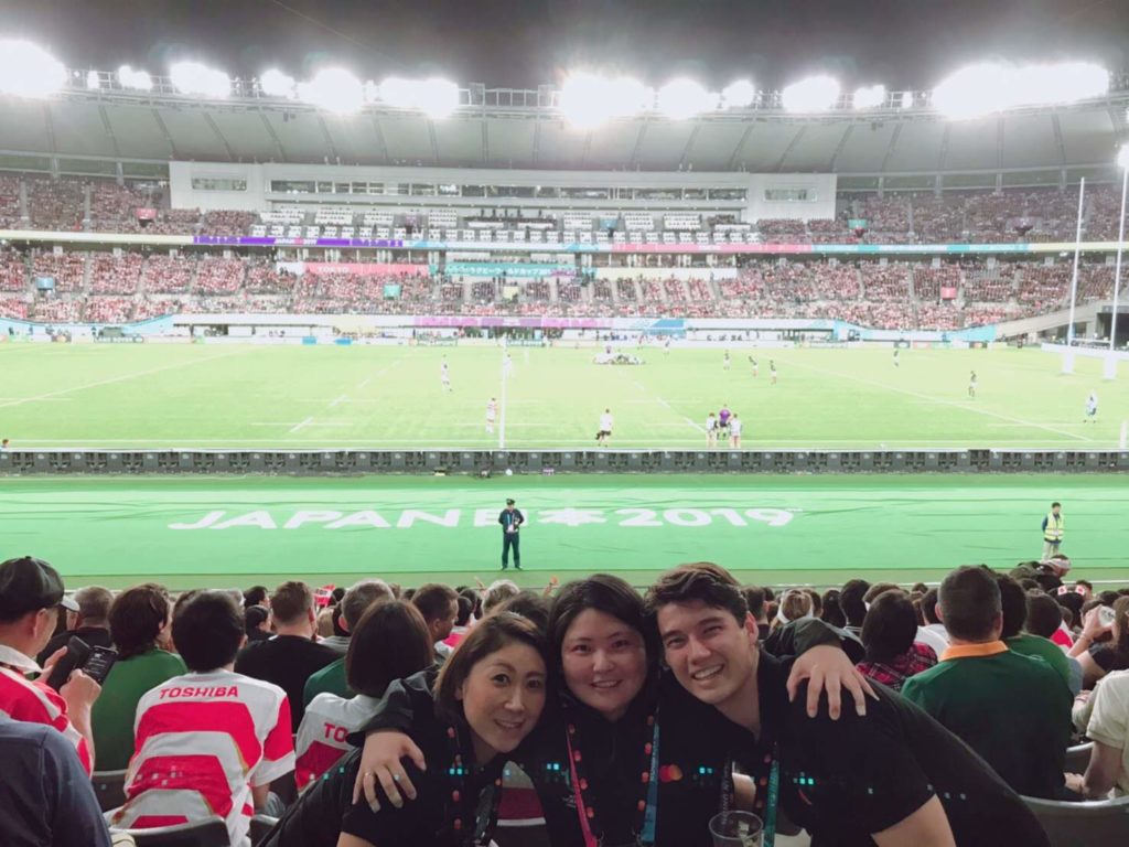 Saschiko Tanaka with friends at the  2019 Rugby World Cup in Japan.