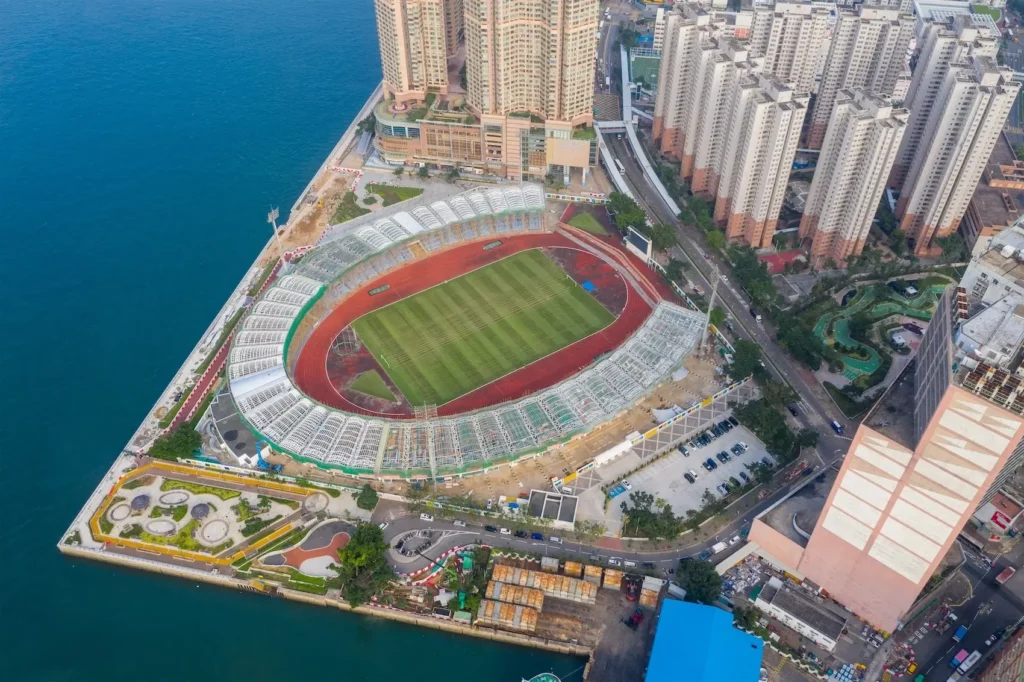 Aerial view of the Siu Sai Wan Sports Ground multi-purpose stadium in Siu Sai Wan, Hong Kong.