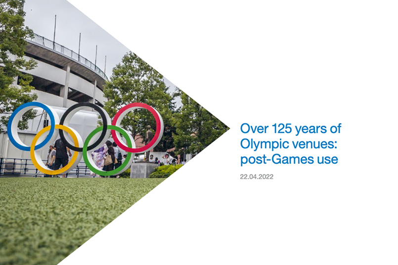 Image used in a sport sustainability and legacy study. Image includes a photo of the Olympic rings sculpture in front of a venue and a white overlay with text 