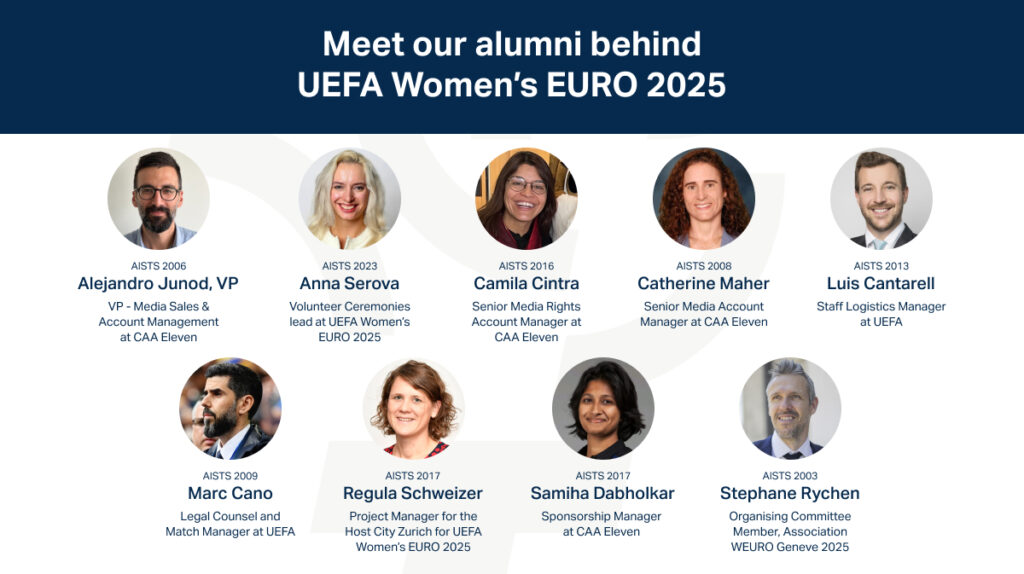 Portrait collage of AISTS alumni contributing to the success of UEFA Women's EURO 2025 in roles such as media, logistics, legal, sponsorship, and ceremonies