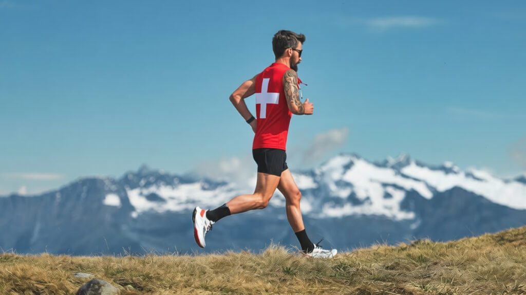 Runner wearing Swiss flag jersey jogging in alpine landscape representing major sports events in Switzerland 2026.