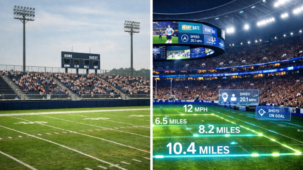 Comparision of two stadiums: (Left) traditional outdoor stadium with natural daylight and seated public crowd; (Right) modern smart stadium under bright artificial lighting with large audience and real-time sport technology data overlays displaying performance metrics