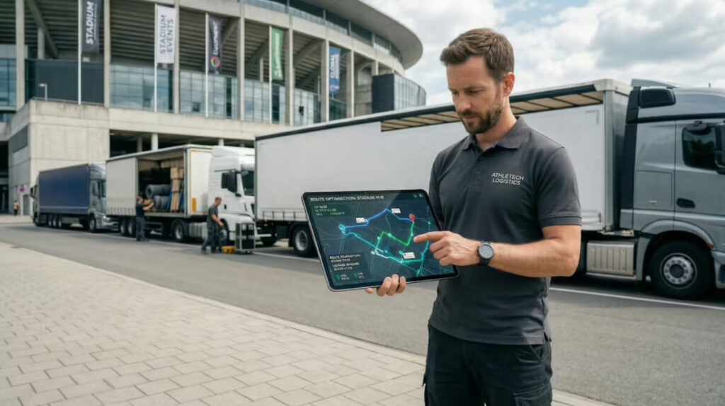 Logistics manager using tablet with route optimization software outside a stadium, illustrating sport innovation in coordinating delivery trucks to improve efficiency and reduce environmental impact