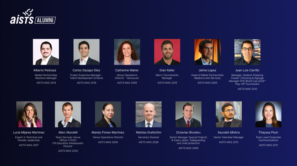 Portraits of AISTS alumni holding key leadership positions in the organisation and delivery of the FIFA World Cup 2026 across operations, communications, media partnerships, volunteer management, safeguarding, and tournament services.