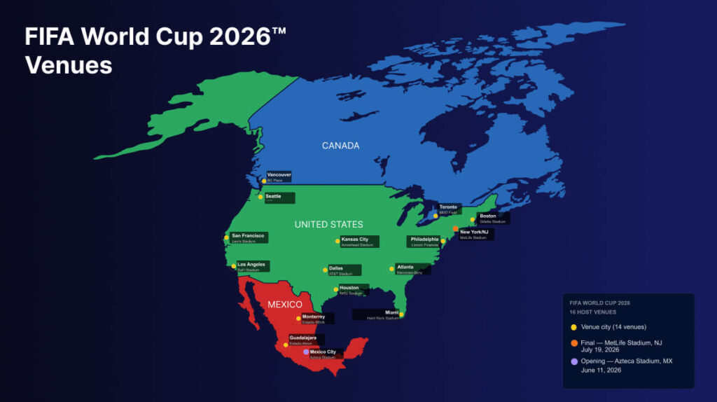 Map of North America showing the 16 host cities and venues selected for the FIFA World Cup 2026 across Canada, the United States, and Mexico.